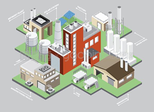 工業(yè)建筑等距信息集 工廠與倉庫矢量插圖在商務(wù)信息咨詢中的應(yīng)用